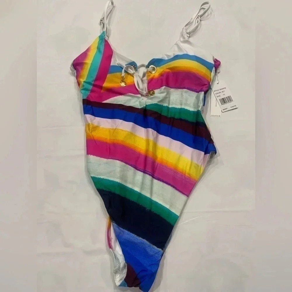 SUNSHINE 79 Rainbow Plunging V - Neck Mai One - Piece Swimsuit Size 10 - Picture 3 of 8